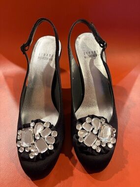 Stuart Weitzman Black Satin Slingback Pumps with Crystal Cluster